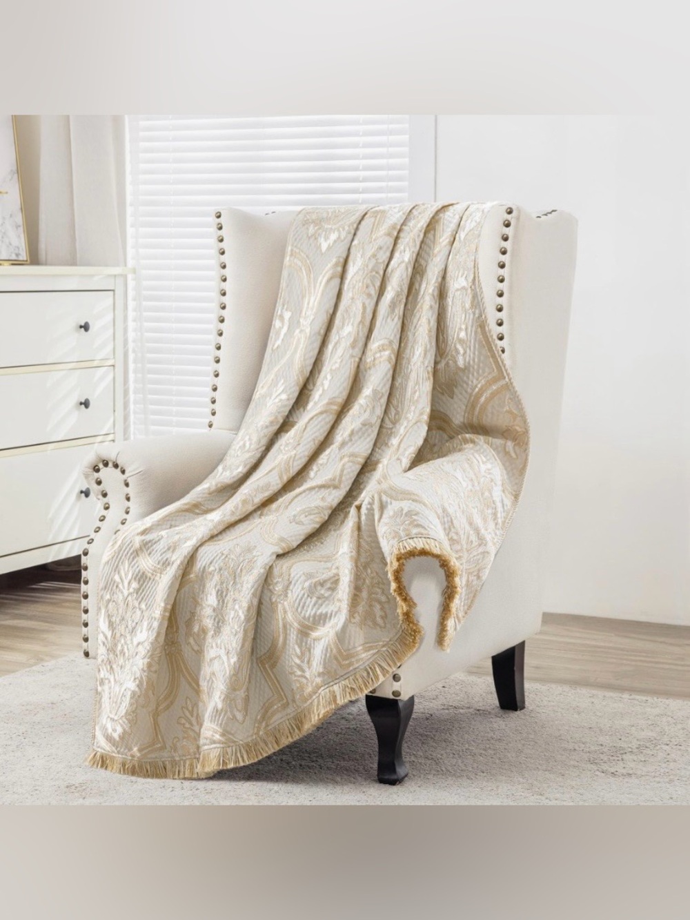 Luxury Cream and Gold Damask Throw Blanket - Brand: LOOM AND MILL